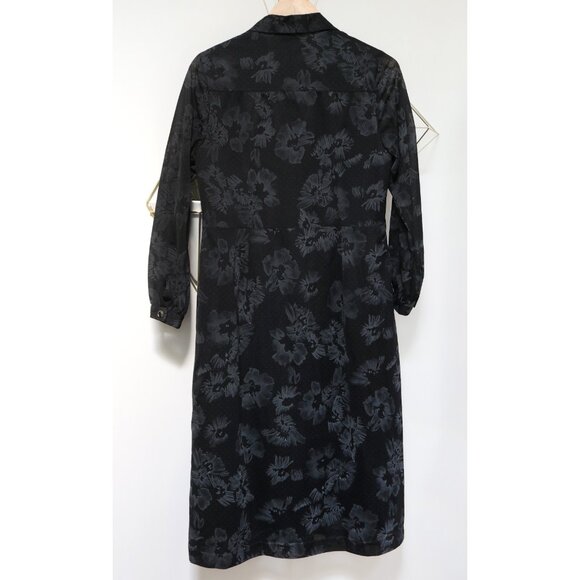 80s Black & Grey Floral Polka Dot Satin Dress w/ Long Sleeves, Stretch Waist - Picture 9 of 10